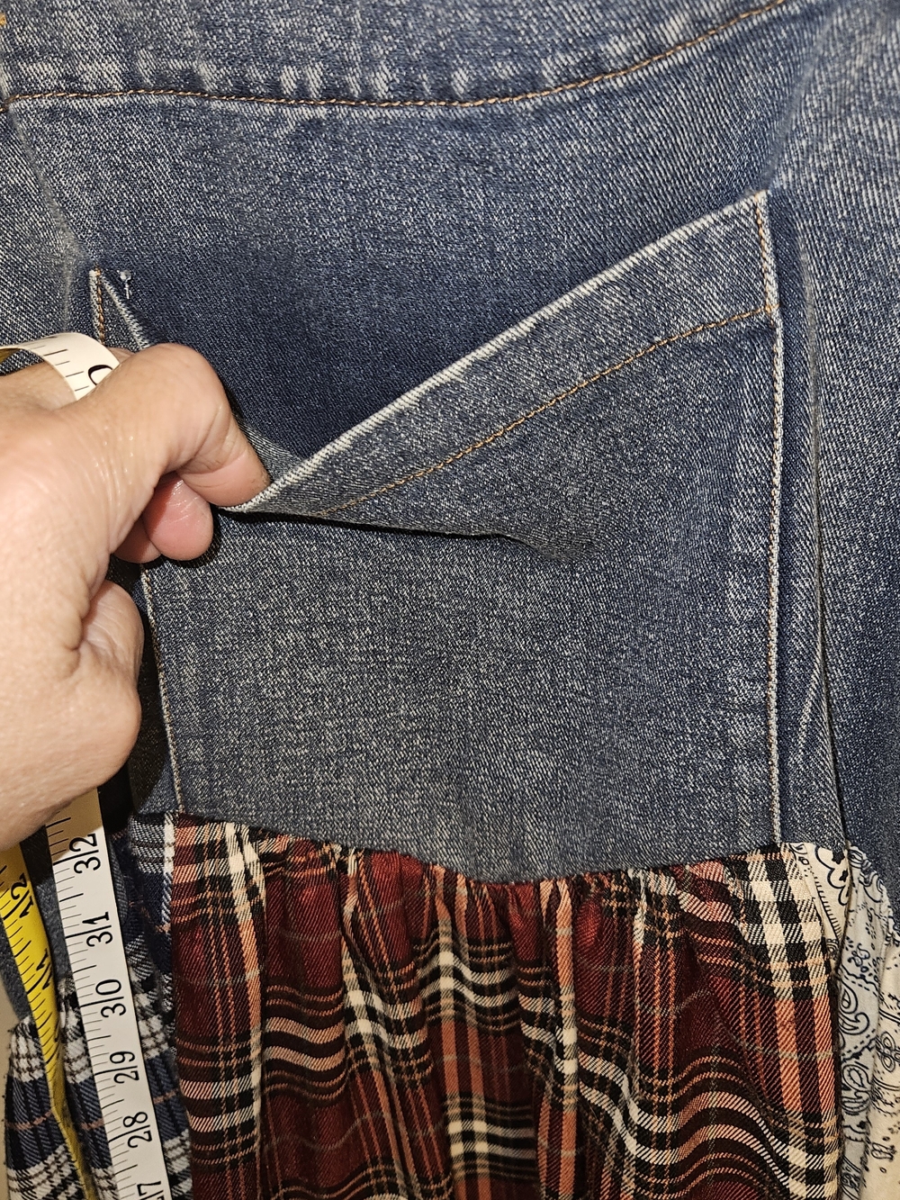 Patchwork Plaid Maxi Dress with Denim Bib - Picture 2 of 8